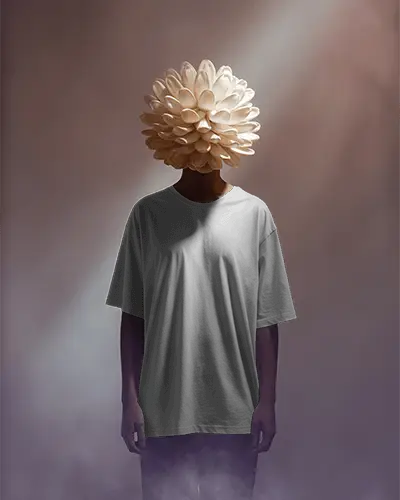 Surreal Flower Head Tshirt Mockup Male Model Creative Conceptual Studio Shot Dreamlike Vibe
