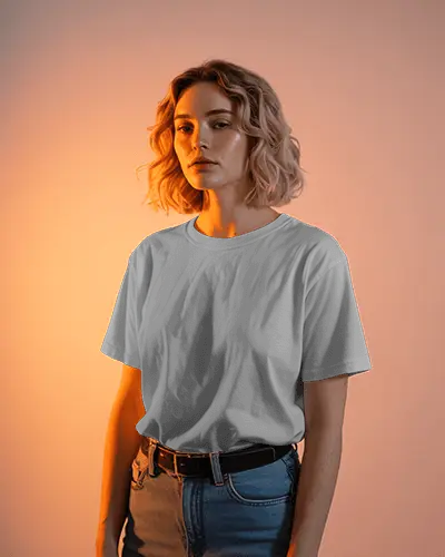 Warm Orange Lighting Tshirt Mockup Female Model Blonde Hair Studio Portrait Trendy Lifestyle