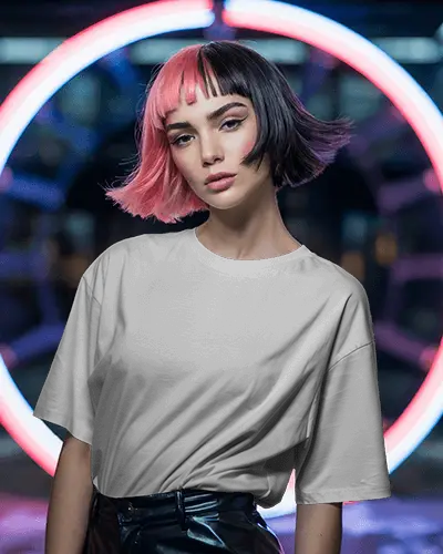 Neon Circle Tshirt Mockup Fashion Model With Dual Tone Hair In Futuristic Studio Light