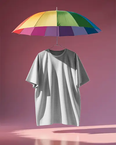 Floating Tshirt Mockup Hanging Under Rainbow Umbrella Against Pink Background Playful