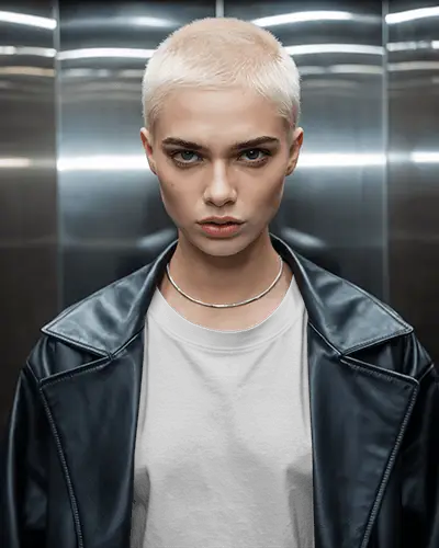 Edgy Fashion Tshirt Mockup Female Model In Leather Jacket Inside Metallic Elevator Light