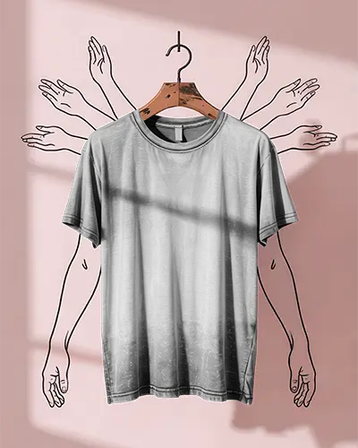 Illustrated Hanger Tshirt Mockup Tee With Drawn Hands On Pink Wall Artistic Studio Style