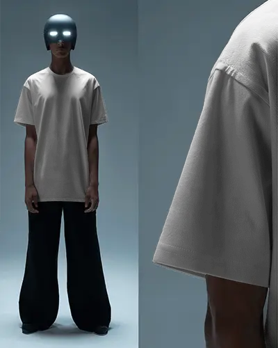 Futuristic Dualview Tshirt Mockup Male Model In Wide Leg Pants With Helmet Closeup