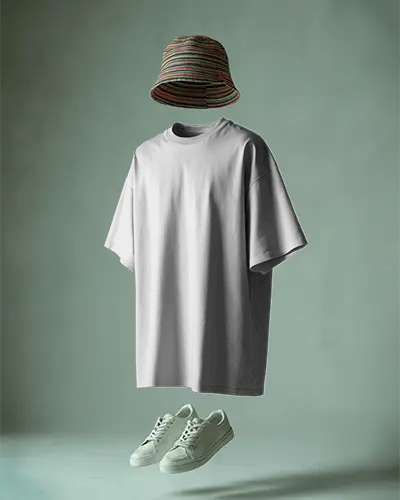 Floating Outfit Tshirt Mockup With Striped Bucket Hat And White Sneakers Surreal Scene