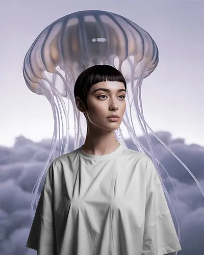 Artistic Tshirt Mockup Female Model With Giant Jellyfish Backdrop In Dreamy Cloudscape