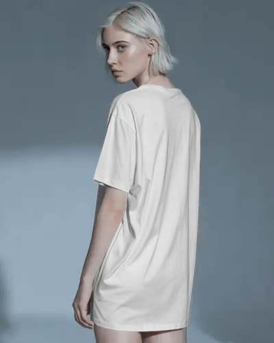 Backview Tshirt Mockup Female Model With Blonde Bob Hairstyle Minimal Studio Lighting
