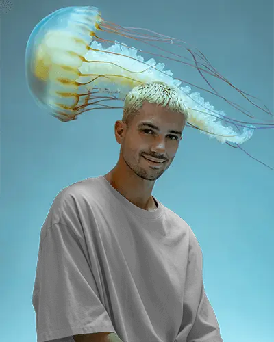 Artistic Tshirt Mockup Male Model With Jellyfish Background In Blue Studio Light