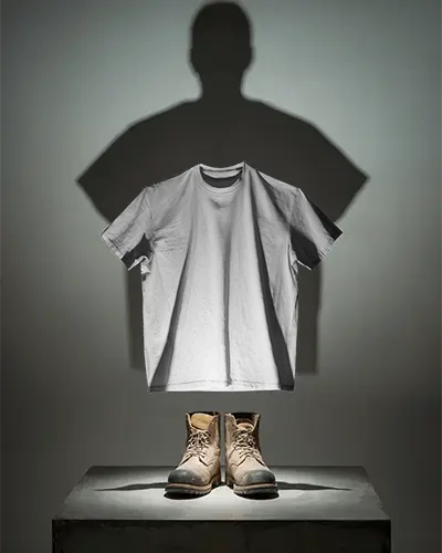 Floating Tshirt Mockup With Work Boots And Human Shadow Minimal Studio Display