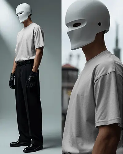Fashion Tshirt Mockup Male Model In Mask And Gloves Edgy Dark Studio Streetwear