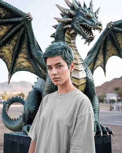 Lifestyle Tshirt Mockup Female Model With Short Hair Posing In Front Of Dragon