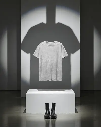 Dramatic Floating Acid Washed Tshirt Mockup With Boots And Human Shadow In Modern Gallery
