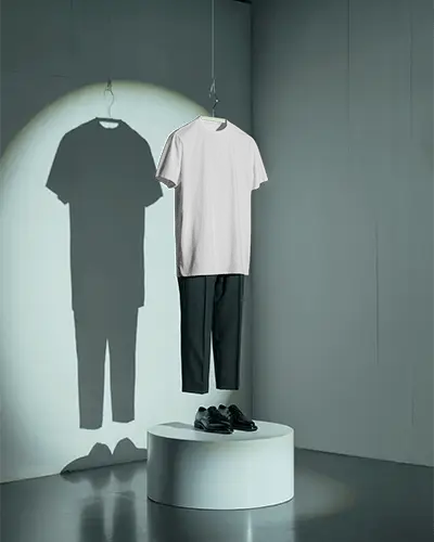 Suspended Outfit Tshirt Mockup Floating Tee And Pants Displayed In Studio Spotlight Presentation