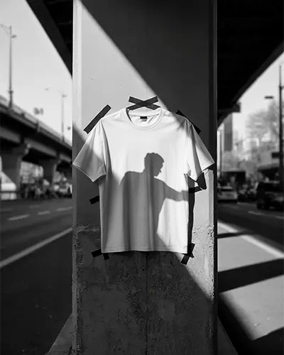 Street Shadow Tshirt Mockup Black And White Photo Blank Tee With Man Silhouette Urban Lighting