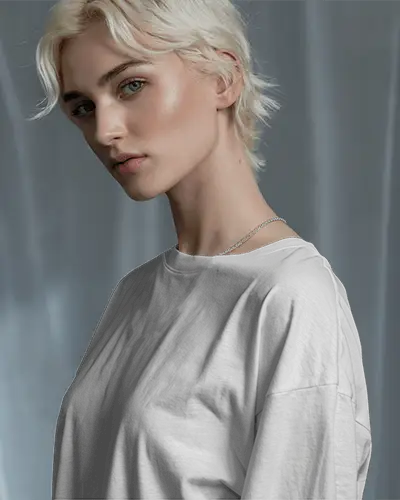 Silver Haired Model Tshirt Mockup Closeup Portrait Minimal Gray Tee With Soft Studio Lighting