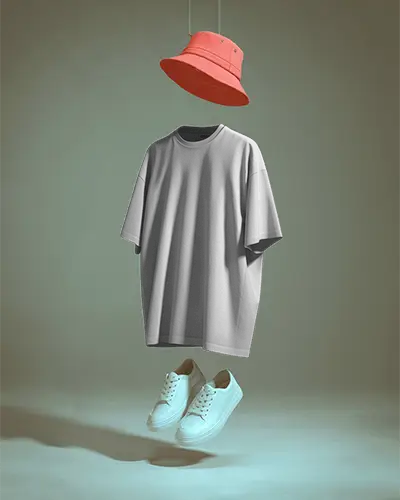 Bucket Hat Tshirt Mockup Floating Minimalist Outfit With Red Hat And White Sneakers In Studio