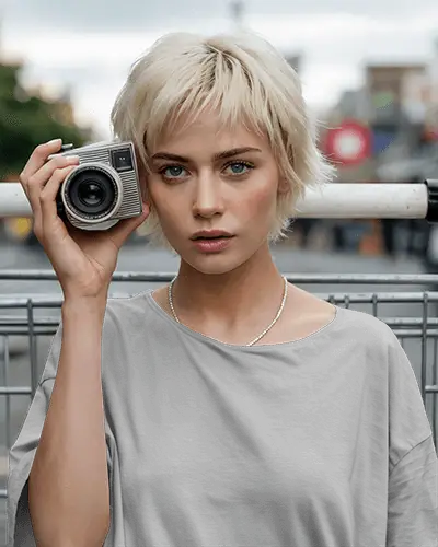 Street Photography Tshirt Mockup Female Model Holding Camera In Blank Tee Urban City Scene