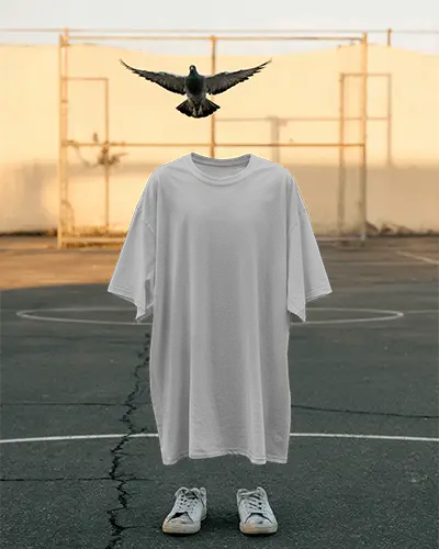 Basketball Court Tshirt Mockup Floating Tee And Shoes Composition With Bird Flying Above
