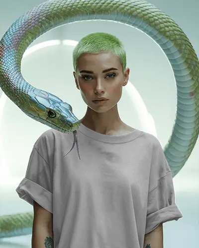 Futuristic Tshirt Mockup Female Model With Snake Wrapped Around Shoulders In Studio Scene