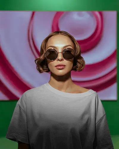 Artistic Gallery Tshirt Mockup Female Model Wearing Tee In Front Of Colorful Modern Artwork