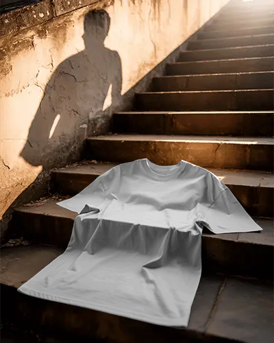 Dramatic Staircase Tshirt Mockup Tee Placed On Old Stone Steps With Human Shadow In Sunset