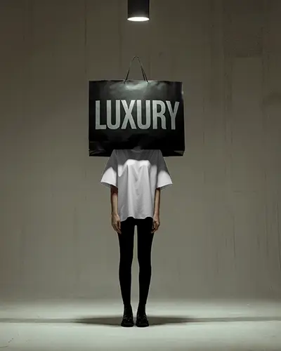 Luxury Fashion Tshirt Mockup Concept With Model Under Spotlight And Giant Shopping Bag