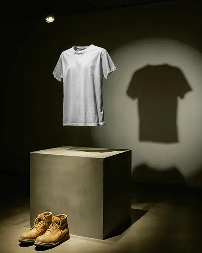 Industrial Display Tshirt Mockup Floating Above Pedestal With Boots And Soft Studio Light