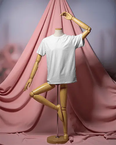 Creative Tshirt Mockup Display On Articulated Wooden Dress Form With Soft Fabric Background