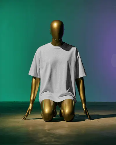 Comfortable Relaxed Fit Tshirt Mockup Gold Mannequin Kneeling Studio Background