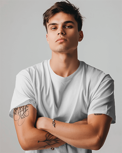 Tattoed Model With Fizzy Hair Wearing Tshirt Mockup