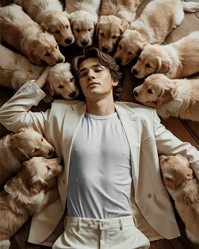 Luxury Puppy Themed Tshirt Mockup Male Model Lying On Wooden Floor Surrounded By Dogs