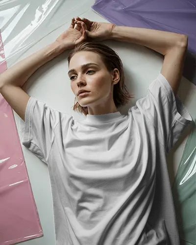 Creative Layout Tshirt Mockup Female Model Lying On Floor With Colorful Plastic Sheets