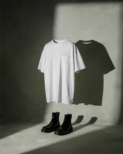 Moody Studio Tshirt Mockup Floating Tee With Boots And Shadow Under Soft Directional Light