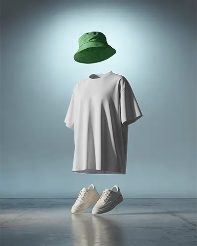 Floating Outfit Tshirt Mockup With Bucket Hat And Sneakers In Modern Studio Light Setup