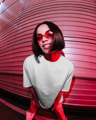 Neon Street T Shirt Mockup Female Model In Red Light Urban Night Fashion Vibe