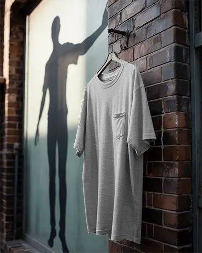 Casual Pocket Tshirt Mockup Hanging On Wooden Hanger Outdoor Brick Wall Background Mockup