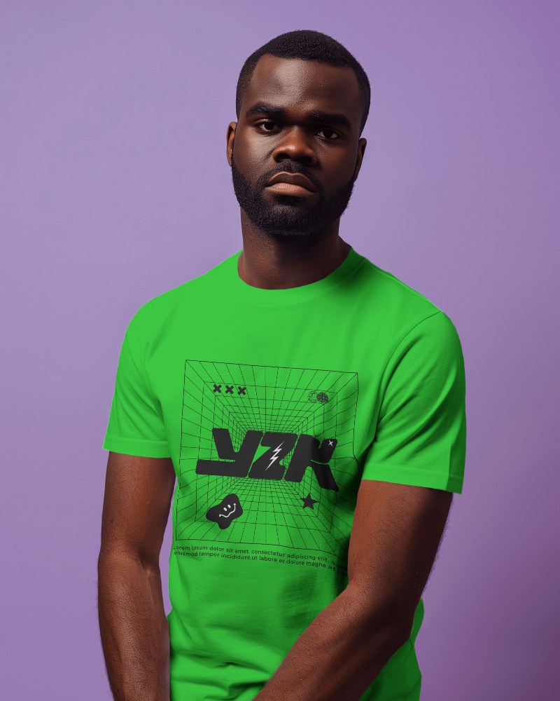 Black Male Model Wearing Tshirt Mockup Against Purple Backdrop