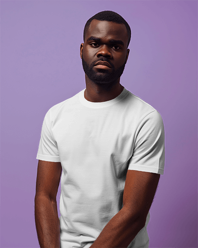 Black Male Model Wearing Tshirt Mockup Against Purple Backdrop