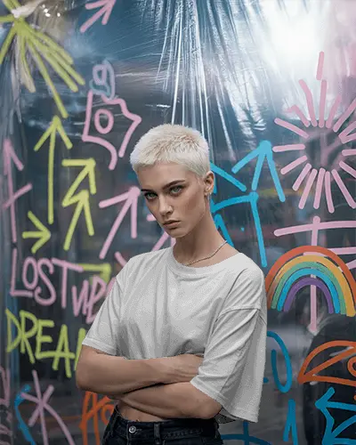 Edgy Urban Tshirt Mockup Woman Standing With Folded Arms In Colorful Urban Graffiti Backdrop