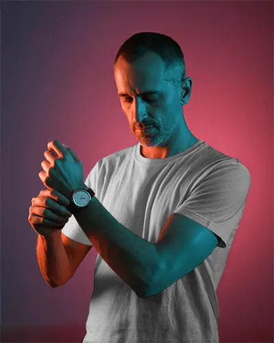 Cinematic Lighting Tshirt Mockup Male Model Adjusting Watch In Colorful Gradient Lighting