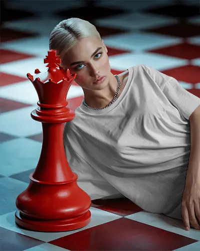 Bold Editorial Tshirt Mockup Woman On Checkered Floor With Oversized Chess Piece