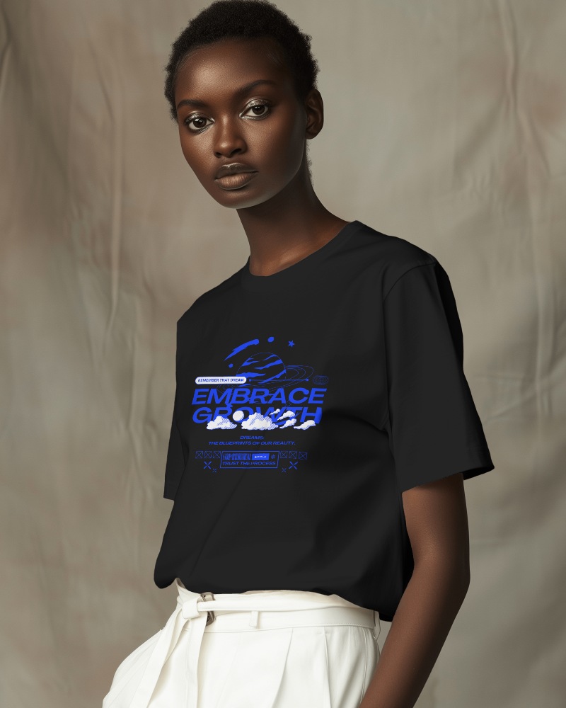 Photoshoot Of Black Female Model Wearing White Tshirt Mockup Againt A Beige Curtain