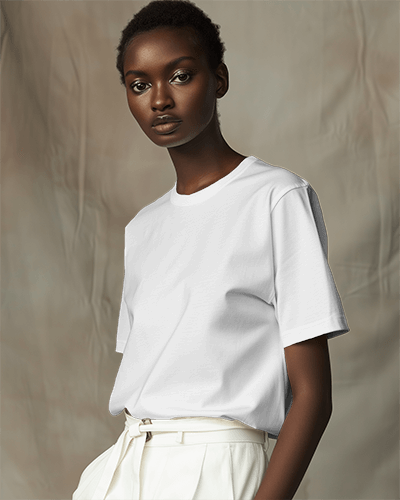 Photoshoot Of Black Female Model Wearing White Tshirt Mockup Againt A Beige Curtain