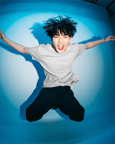 Dynamic Jump Studio Shot Casual Tshirt Mockup Fashion Model Energy Expressive Portrait Style