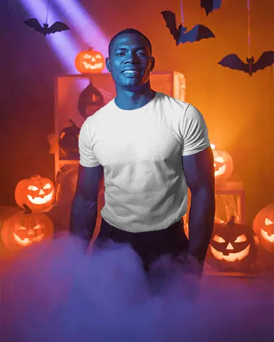 Scary Halloween Night Party Halloween Tshirt Mockup Template Smiling Person In Costume
