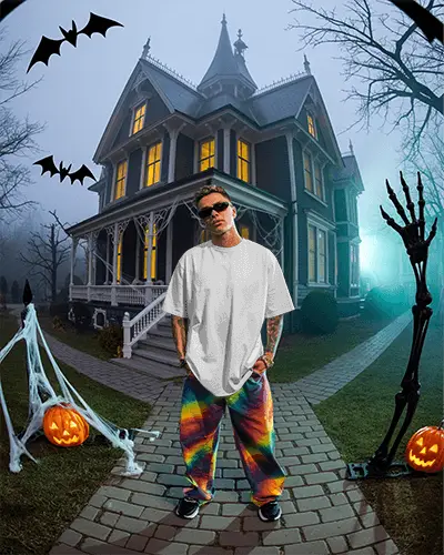 Stylish Halloween Mockup Man Standing Haunted House Pumpkins Bats Skeleton Spooky Night