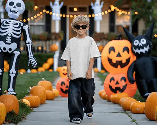 Smiling Boy Halloween Tshirt Mockup In Spooky Pumpkin And Ghost Setting