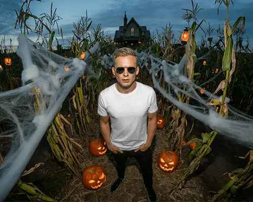Premium Tshirt Mockup For Men Halloween Theme Pumpkin Decor Cornfield Evening Shoot