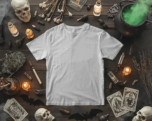 Spooky Halloween Tshirt Mockup With Skulls Cards And Magical Cauldron Smoke Effect