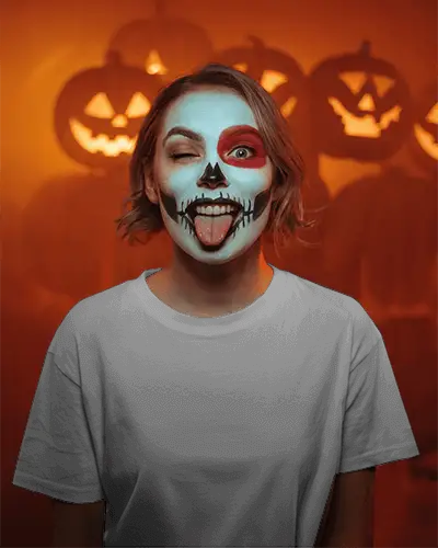 Woman With Skull Face Paint Halloween Party Halloween Tshirt Mockup With Pumpkin Shadow