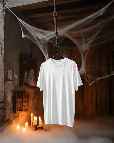 Spooky Halloween Tshirt Mockup Hanging In Haunted Room With Candlelight And Fog Effect